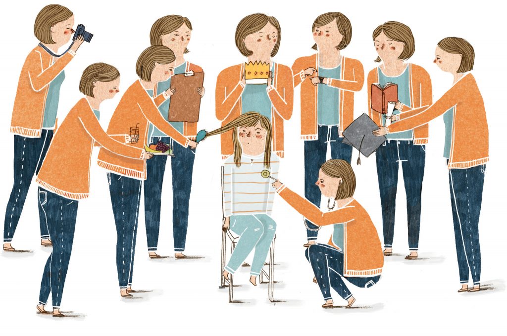 An illustration of the "multitasking" concept, frequently observed in individuals, particularly women, who juggle multiple roles and responsibilities at the same time.