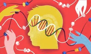 a visual representation of a human head with strands of DNA running through it