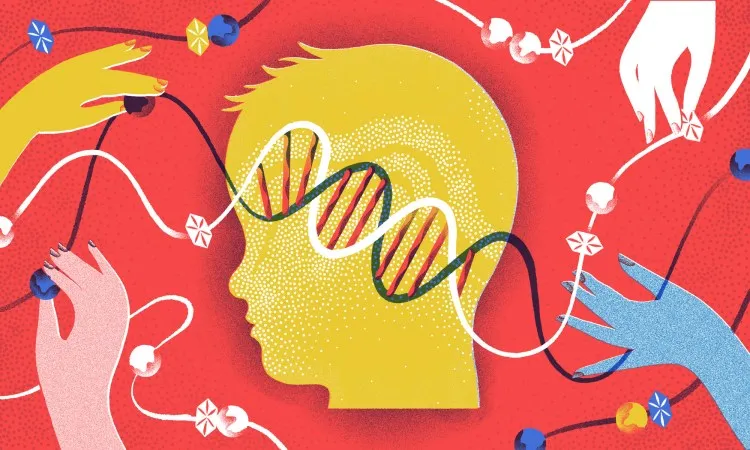 a visual representation of a human head with strands of DNA running through it