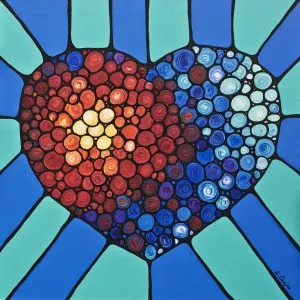 abstract painting in the shape of a heart divided into two parts with different colors