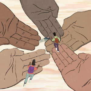 two children walking on the palm of a large hand