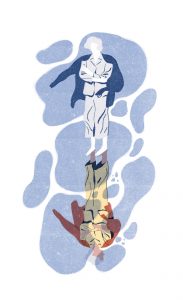 two figures facing each other, one standing upright and the other upside down