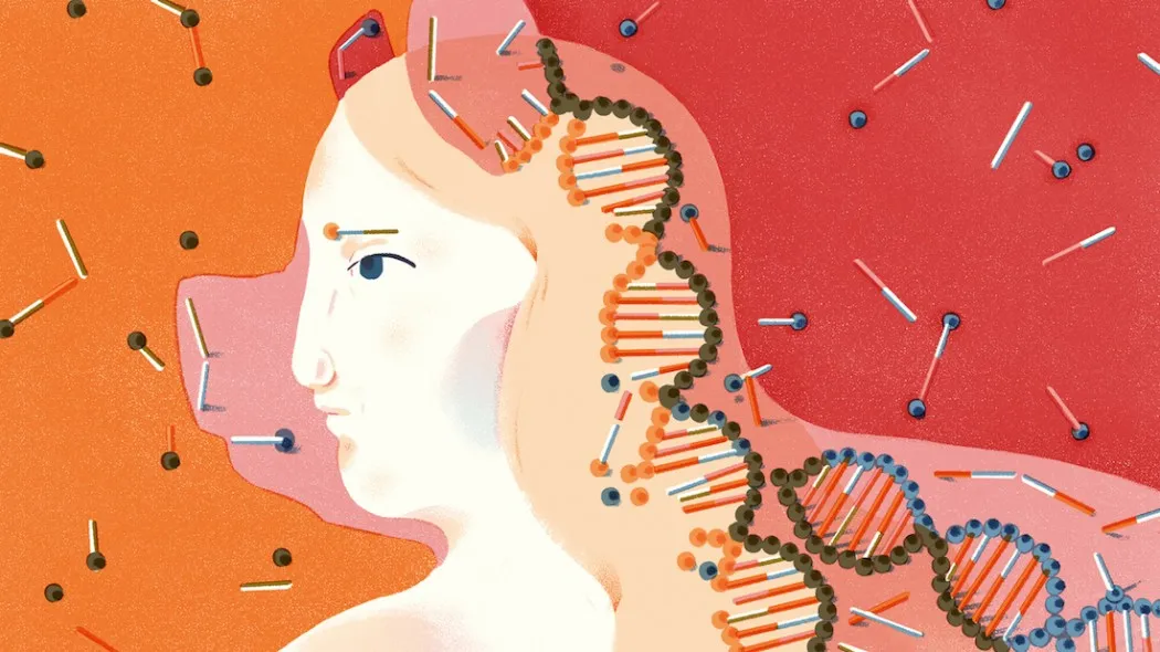 a visual representation of a woman with a visible double DNA structure in her hair
