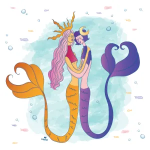 two mermaids embracing each other with water and bubbles in the background