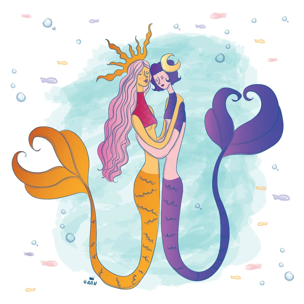 two mermaids embracing each other with water and bubbles in the background