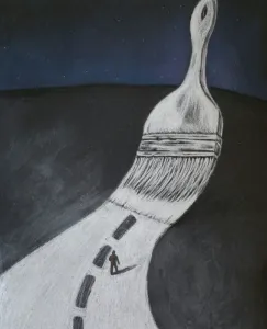 a paintbrush that serves as a road, with the silhouette of a person walking on it