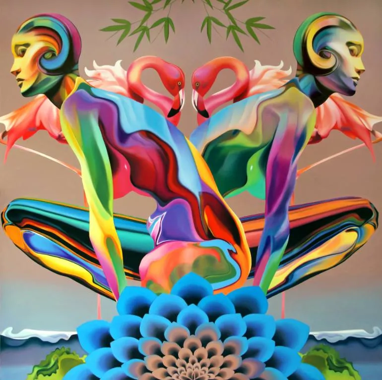 two human figures in bright colors combined with natural elements such as flamingos and flowers