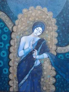 a woman with blue skin, wearing a dark blue sari, and holding a rosary