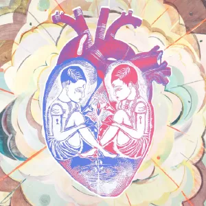 an artistic representation of the human heart with two human figures in it