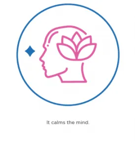 profile of a human head with a lotus flower inside, surrounded by a blue circle and a small diamond in the left corner