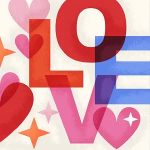 the word “LOVE” stacked with hearts and stars