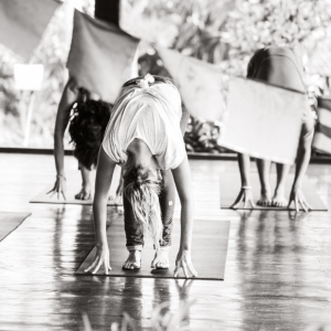 three people doing forward-bending yoga poses